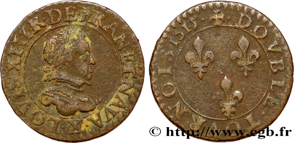 LOUIS XIII LE JUSTE Double tournois, type 1 1615 Amiens TTB/TB+