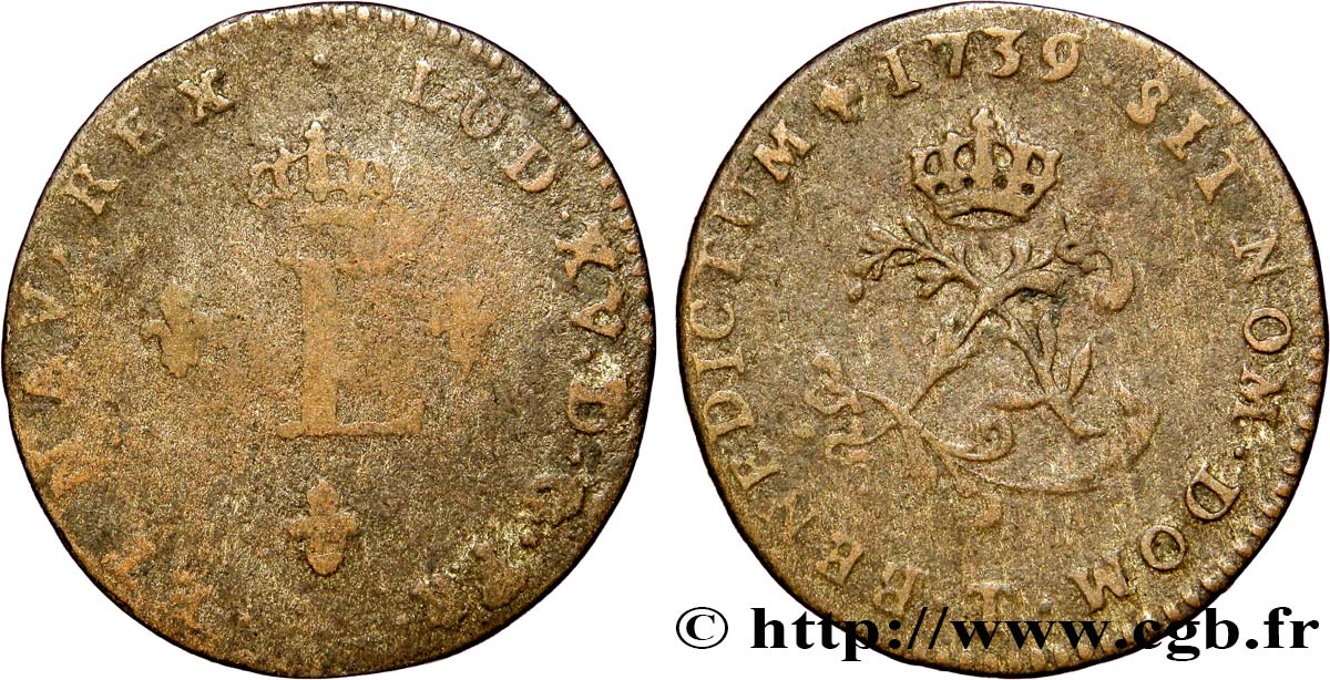 LOUIS XV DIT LE BIEN AIMÉ Double sol de billon 1739 Nantes B+/TB