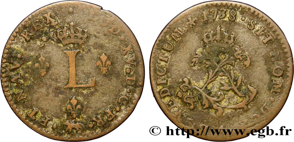 LOUIS XV DIT LE BIEN AIMÉ Double sol de billon 1738 Paris TB