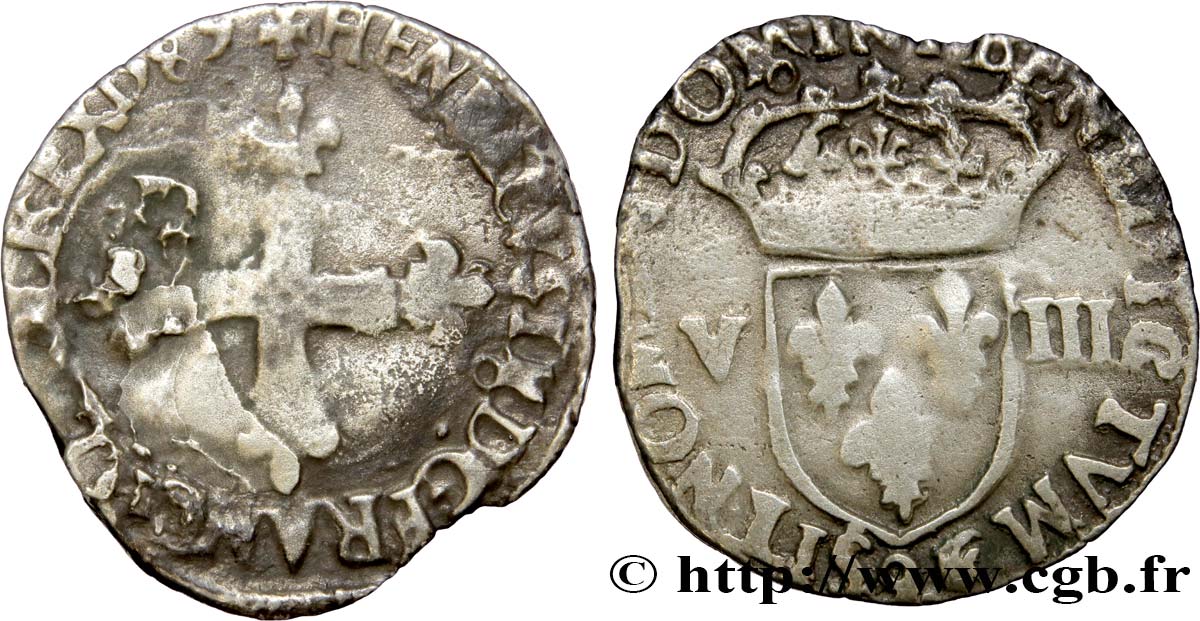 HENRI III Huitième d écu, croix de face 1589 Rennes B+/TB+