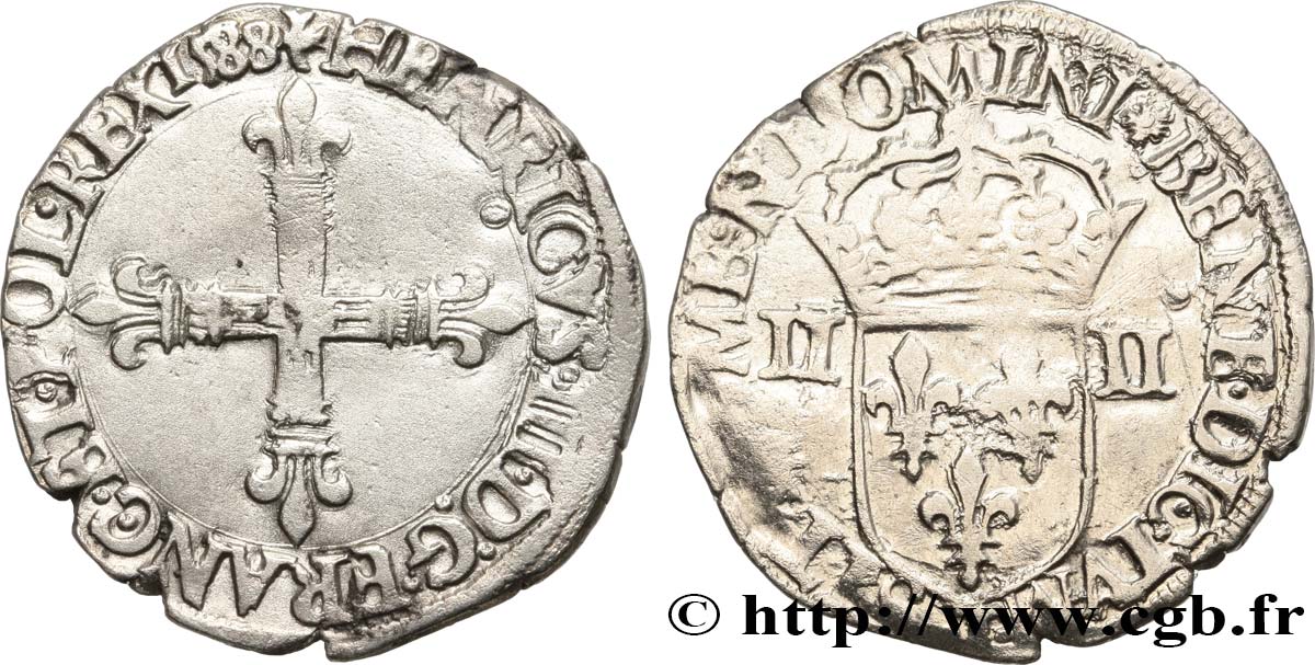 HENRY III Quart d écu, croix de face 1588 Nantes BC+
