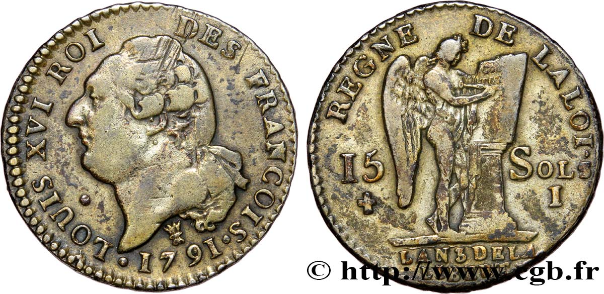 LOUIS XVI (MONARQUE CONSTITUTIONNEL)  15 sols dit &nbsp;au génie&nbsp;, type FRANCOIS 1791 Limoges TB+