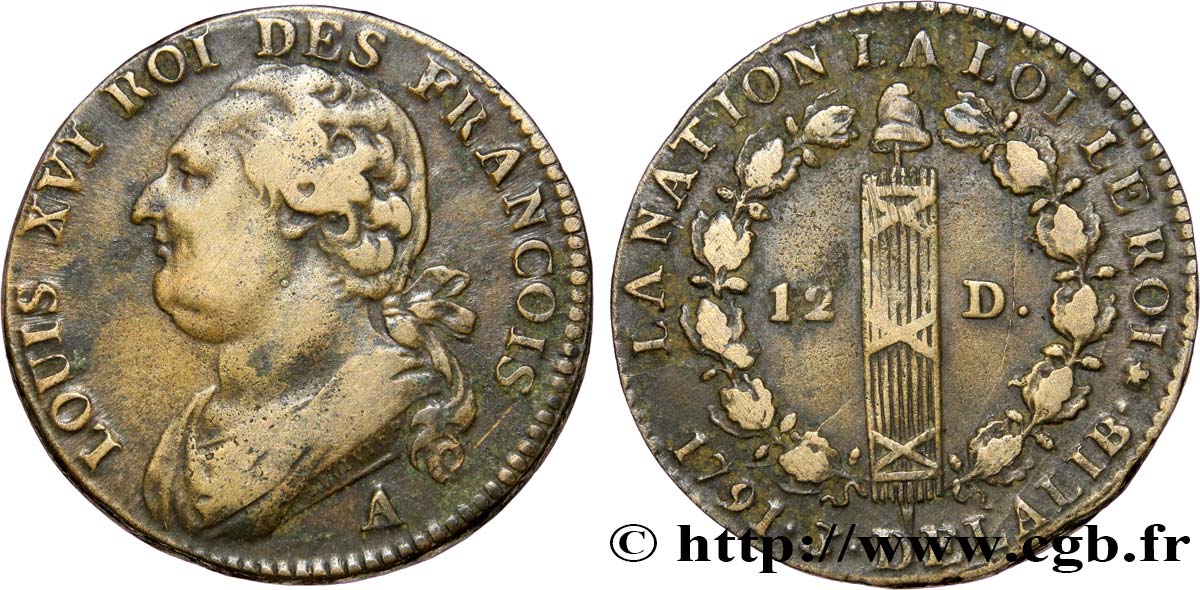LOUIS XVI (MONARQUE CONSTITUTIONNEL)  12 deniers dit  au faisceau , type FRANCOIS 1791 Paris TTB