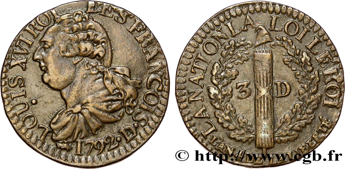 LOUIS XVI (MONARQUE CONSTITUTIONNEL)  3 deniers dit  au faisceau , type FRANCOIS 1792 Lyon SUP/TTB+