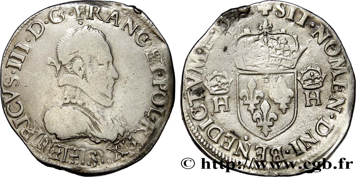HENRI III Teston, 4e type 1575 Troyes TB
