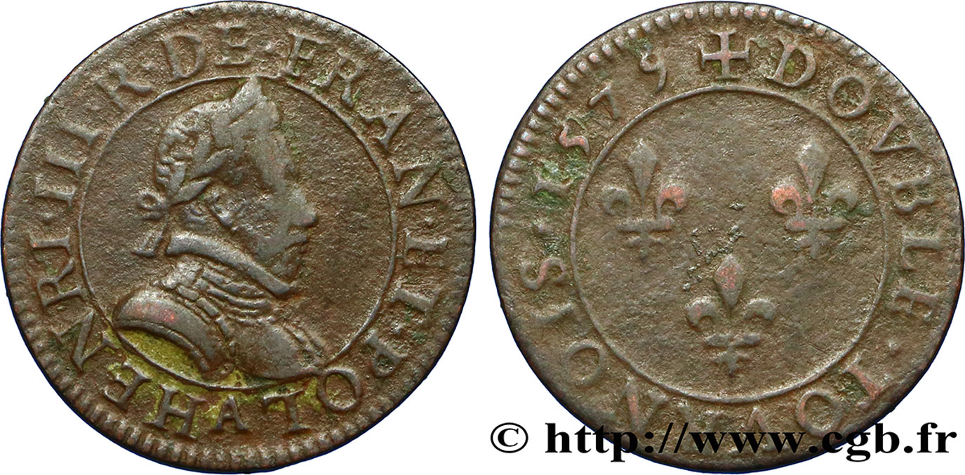HENRY III Double tournois, 1er type de Paris 1579 Paris, Moulin des Étuves VF