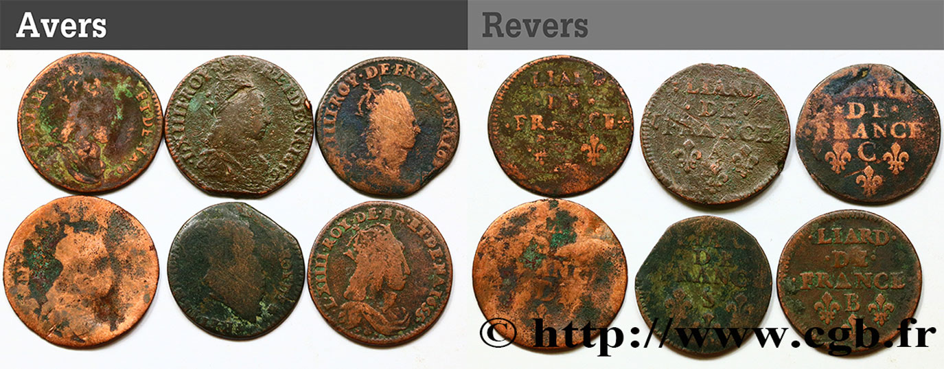 LOUIS XIV  THE SUN KING  Lot de six liards n.d. Ateliers divers VG