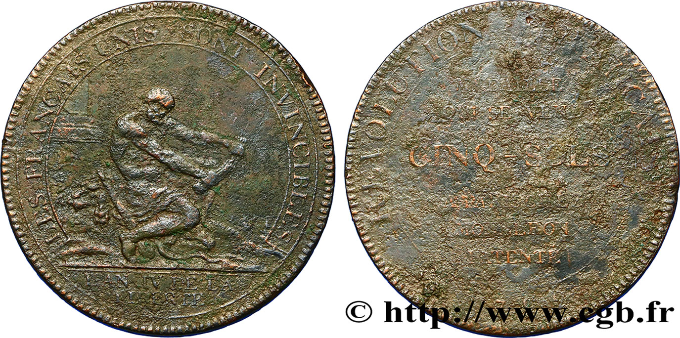 REVOLUTION COINAGE Monneron de 5 sols à l Hercule, frappe médaille 1792 Birmingham, Soho VF/VG