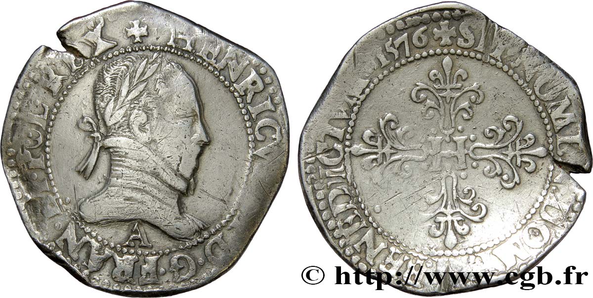 HENRY III Franc au col plat 1576 Paris VF/XF
