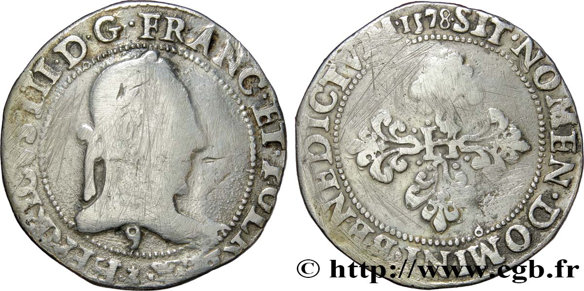 HENRI III Franc au col plat 1578 Rennes TB/TB+