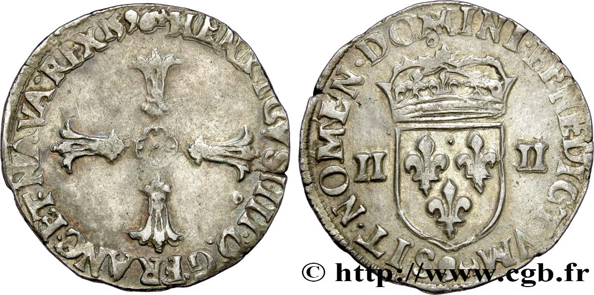 HENRI IV LE GRAND Quart d écu, croix feuillue de face 1590 Rennes TTB/TTB+