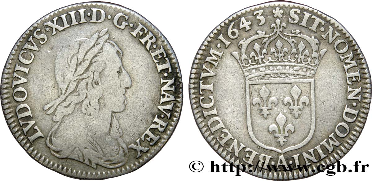 LOUIS XIII LE JUSTE Douzième d écu, buste drapé et cuirassé (2e buste de Jean Warin) 1643 Paris, Monnaie du Louvre TB/TTB