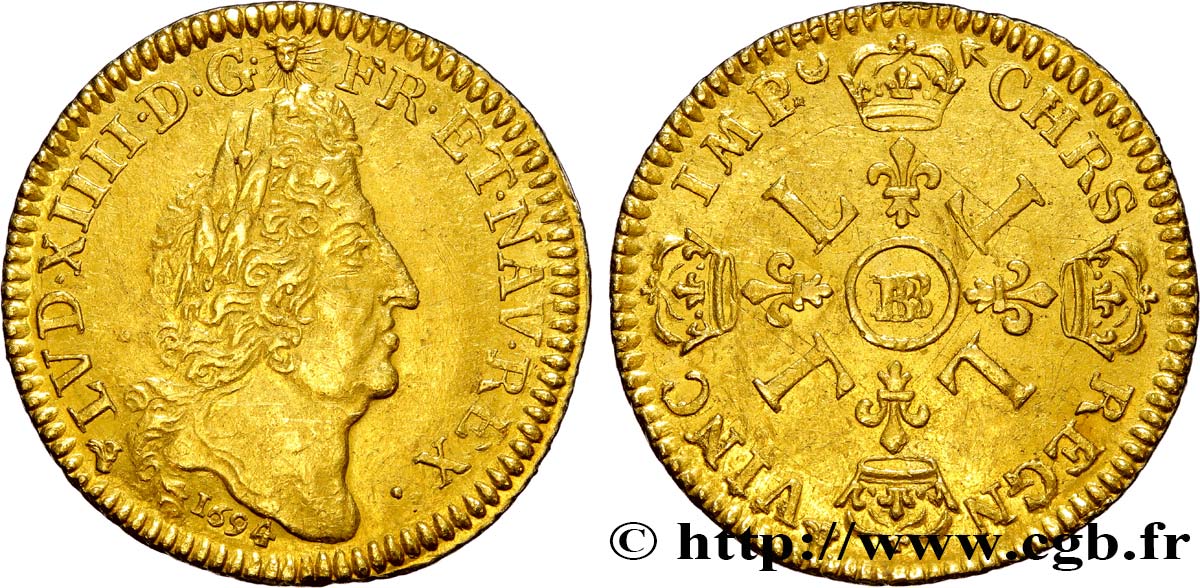 LOUIS XIV  THE SUN KING  Louis d or aux quatre L 1694 Strasbourg q.SPL