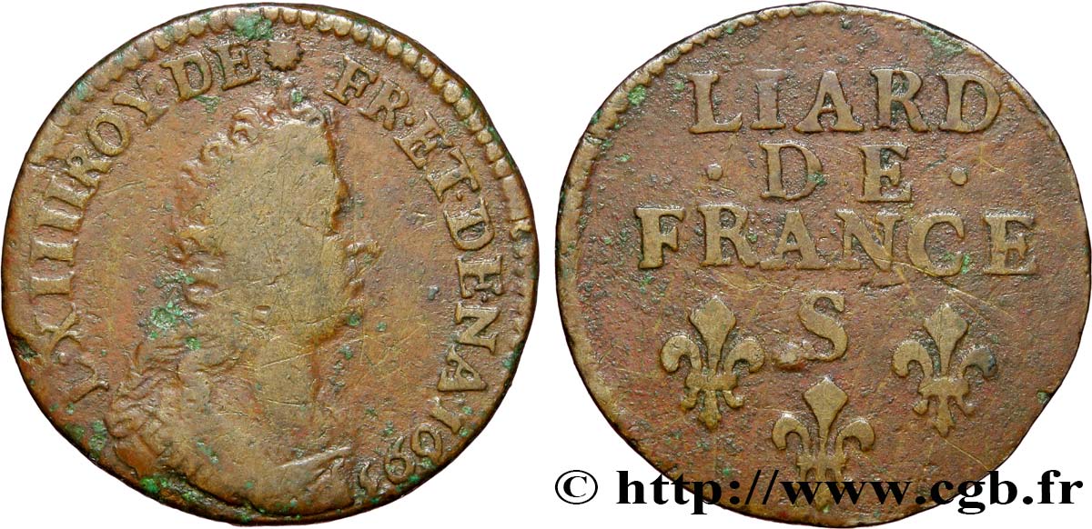 LOUIS XIV LE GRAND OU LE ROI SOLEIL Liard, 3e type, buste âgé 1693 Reims TB/15