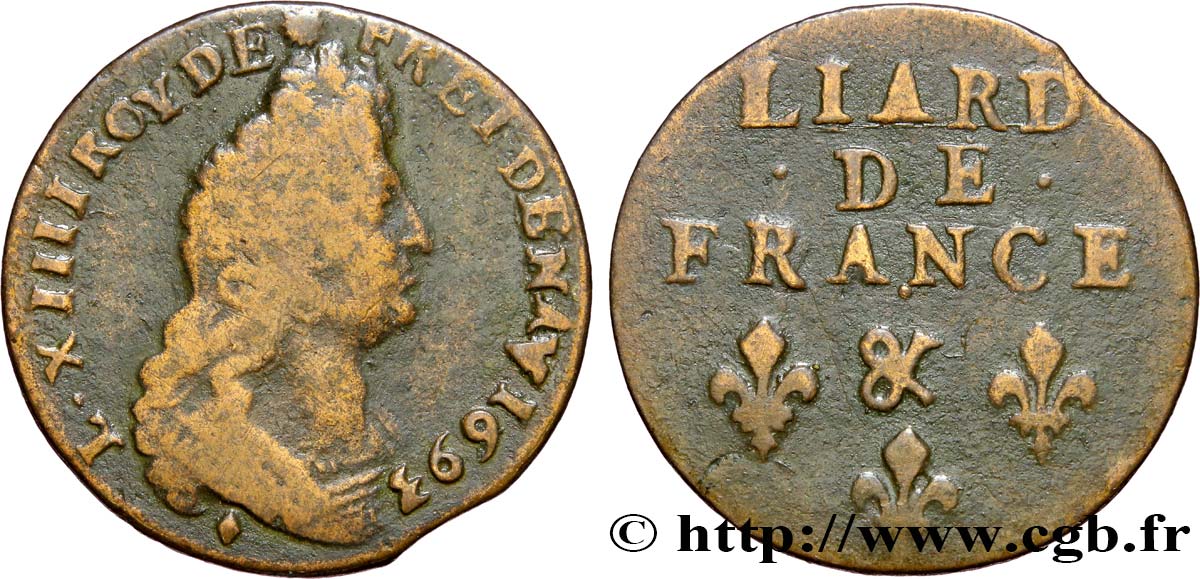 LOUIS XIV  THE SUN KING  Liard, 3e type, buste âgé 1693 Aix-en-Provence BC+