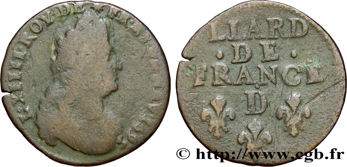 LOUIS XIV  THE SUN KING  Liard, 3e type, buste âgé 1695 Lyon B/MB