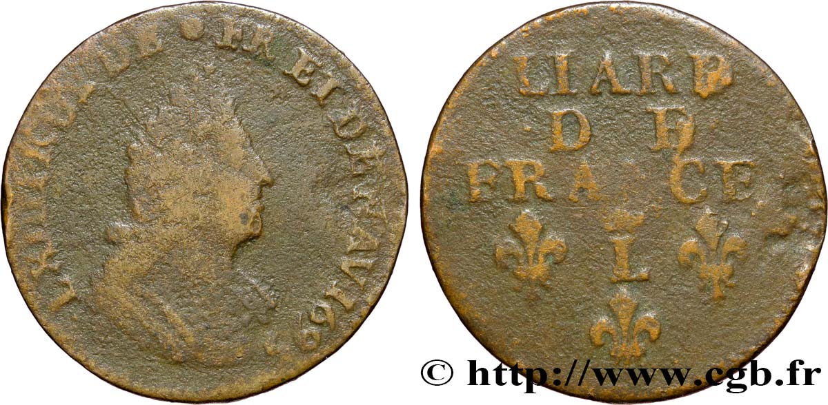 LOUIS XIV LE GRAND OU LE ROI SOLEIL Liard, 3e type, buste âgé 1695 Lille B