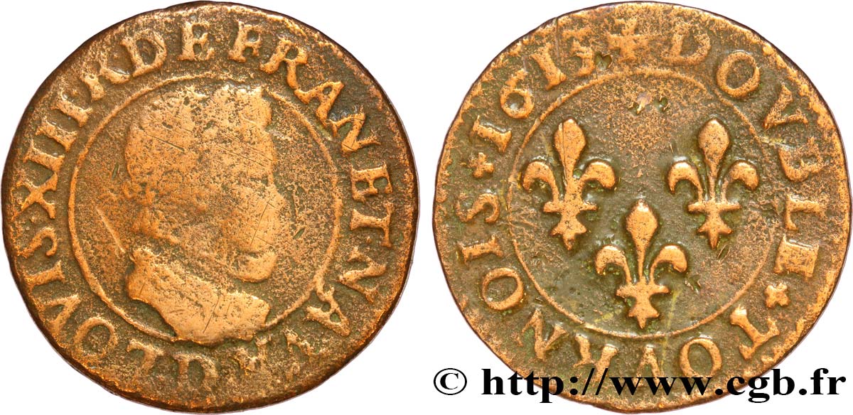 LOUIS XIII LE JUSTE Double tournois, type 1 1613 Lyon TB