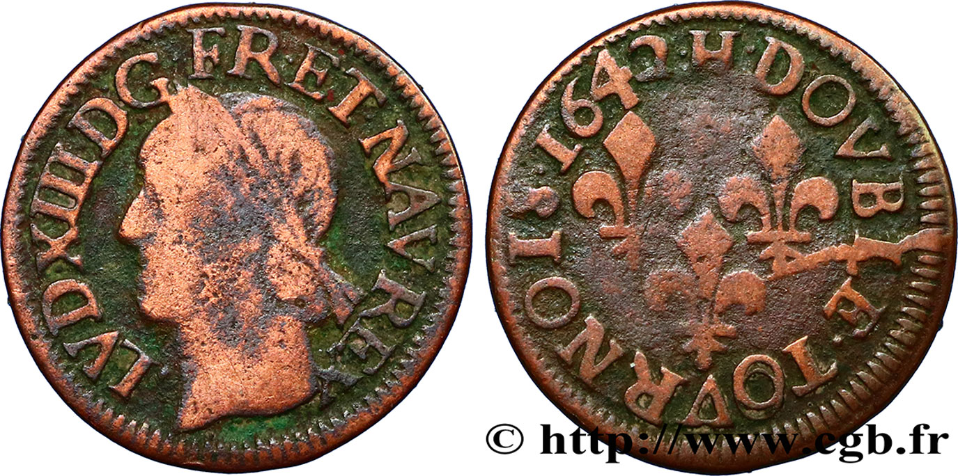 LOUIS XIII LE JUSTE Double tournois, type de Warin 1642 La Rochelle TB