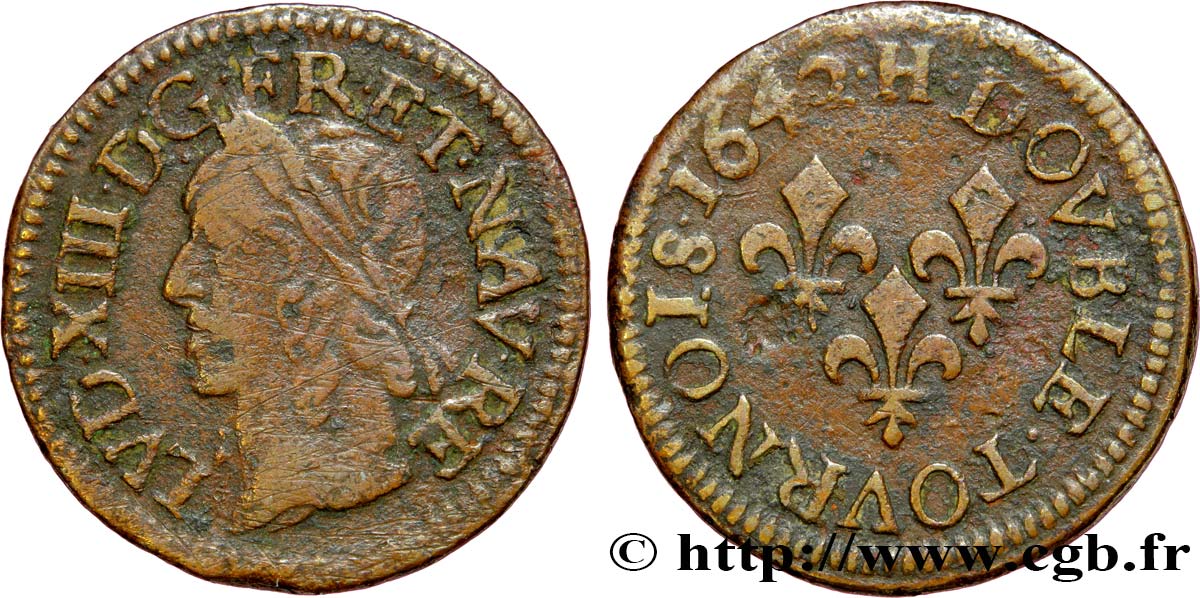 LOUIS XIII LE JUSTE Double tournois, type de Warin 1642 La Rochelle TB+