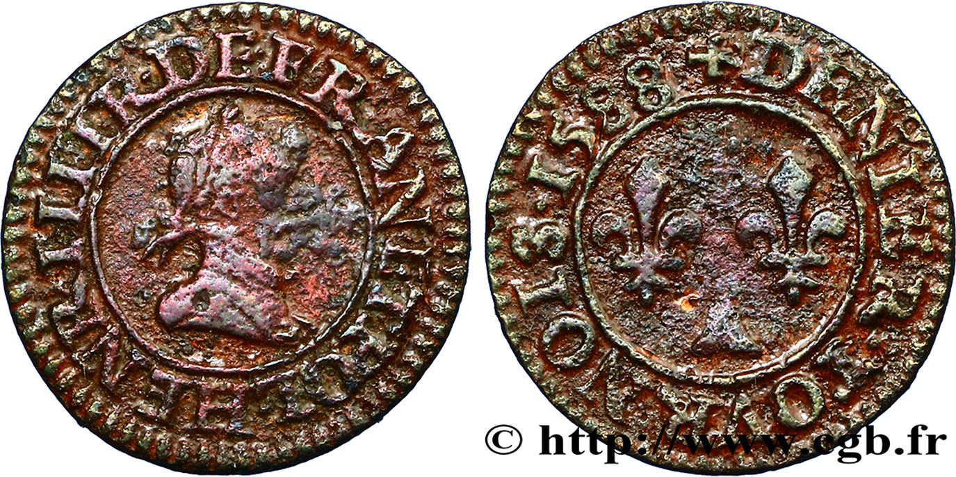 HENRI III Denier tournois 1588 Paris, Moulin des Étuves TB