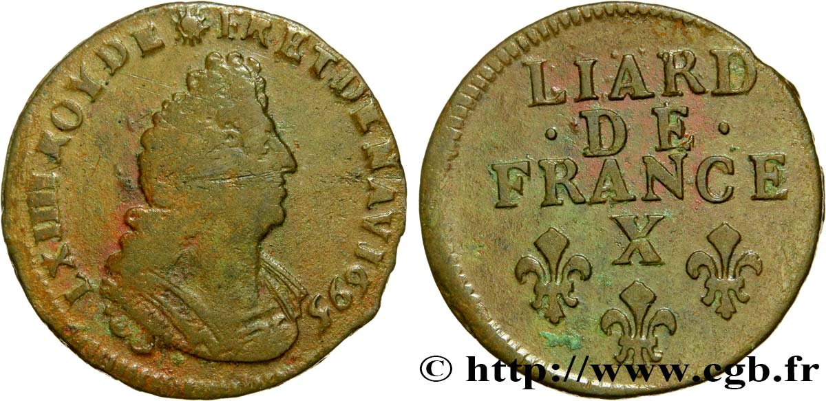 LOUIS XIV  THE SUN KING  Liard, 3e type, buste âgé 1695 Amiens RC+/MBC