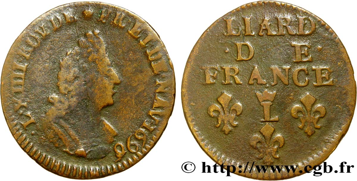 LOUIS XIV LE GRAND OU LE ROI SOLEIL Liard, 3e type, buste âgé 1696 Lille B/TB
