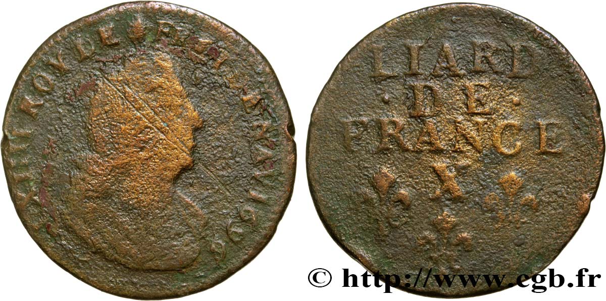 LOUIS XIV  THE SUN KING  Liard, 3e type, buste âgé 1696 Amiens SGE/fS