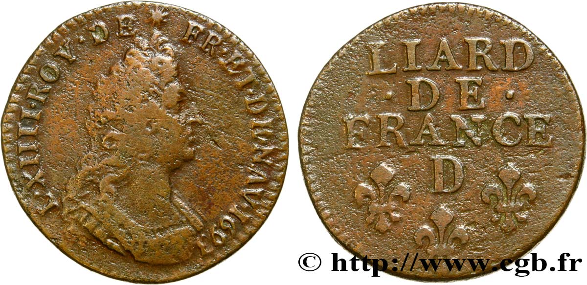 LOUIS XIV  THE SUN KING  Liard, 3e type, buste âgé 1693 Lyon BC+/MBC