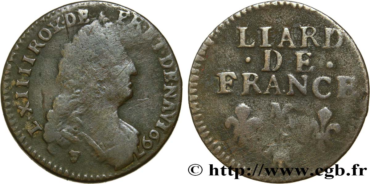 LOUIS XIV  THE SUN KING  Liard, 3e type, buste âgé 1697 Toulouse F/VG