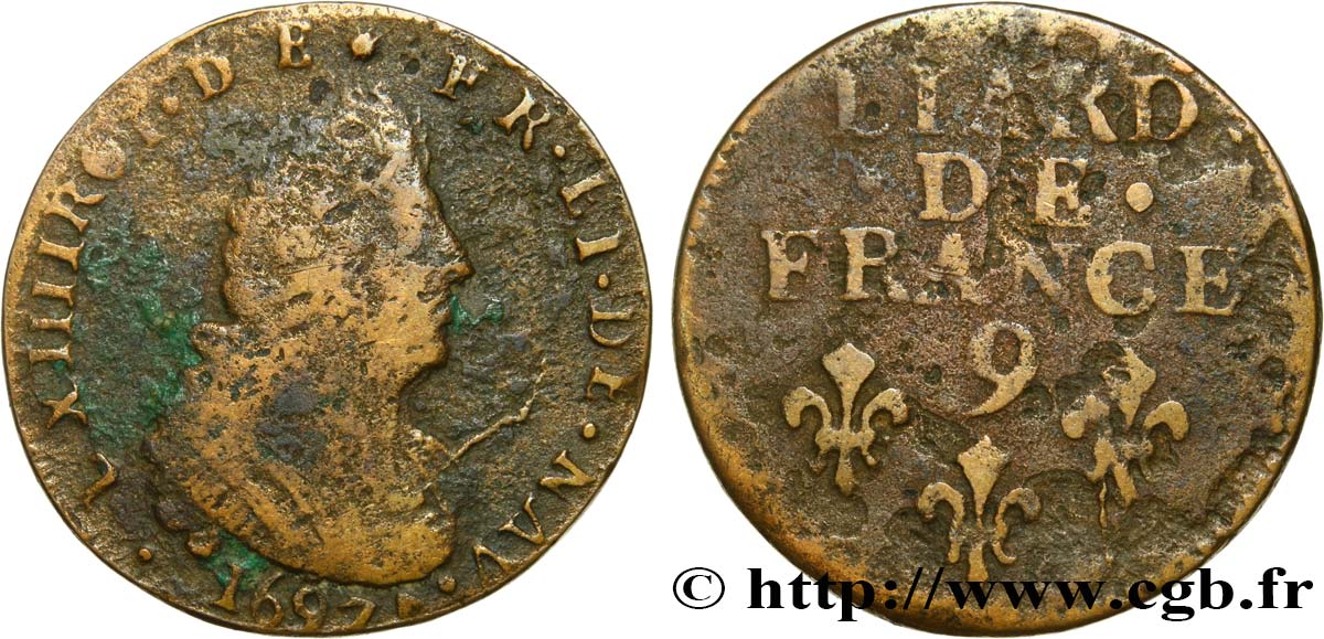 LOUIS XIV LE GRAND OU LE ROI SOLEIL Liard, 3e type, buste âgé 1697 Rennes B+