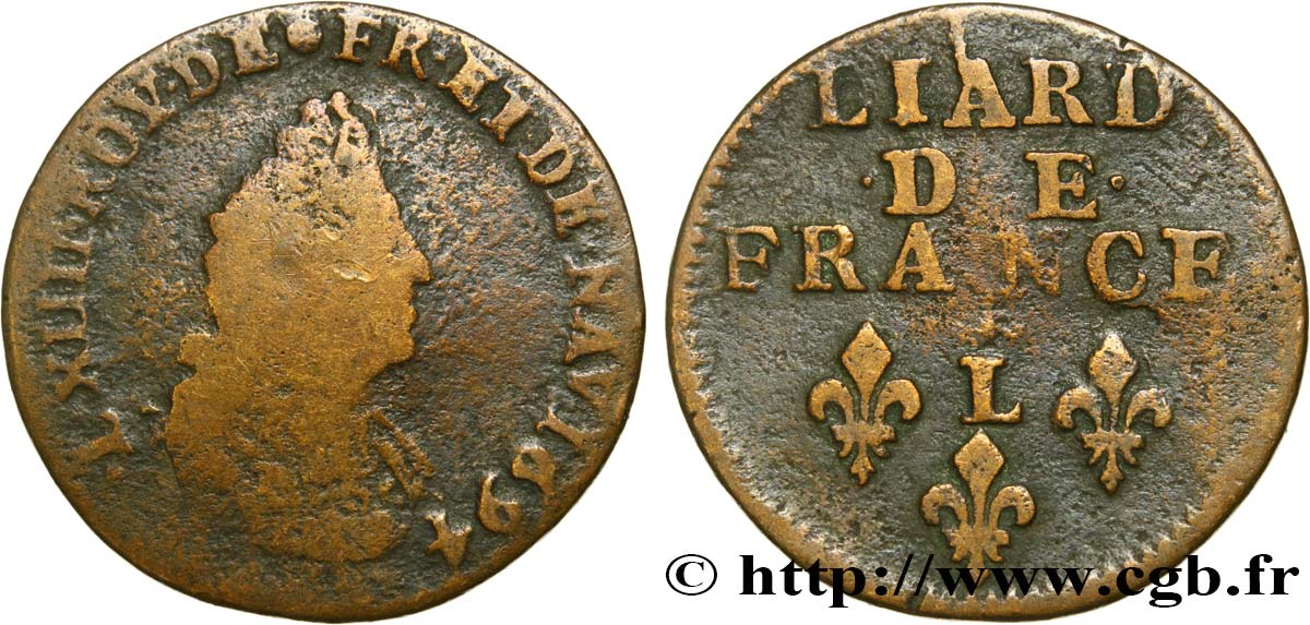 LOUIS XIV  THE SUN KING  Liard, 3e type, buste âgé 1694 Lille B/MB
