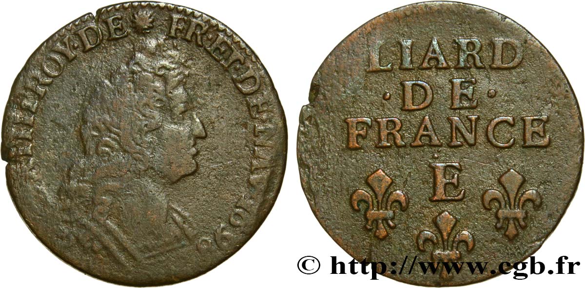 LOUIS XIV  THE SUN KING  Liard, 3e type, buste âgé 1698 Tours MB/BB