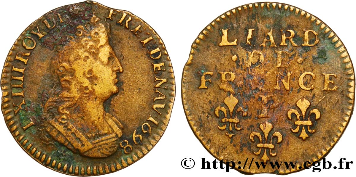 LOUIS XIV LE GRAND OU LE ROI SOLEIL Liard, 3e type, buste âgé 1698 Dijon TB+
