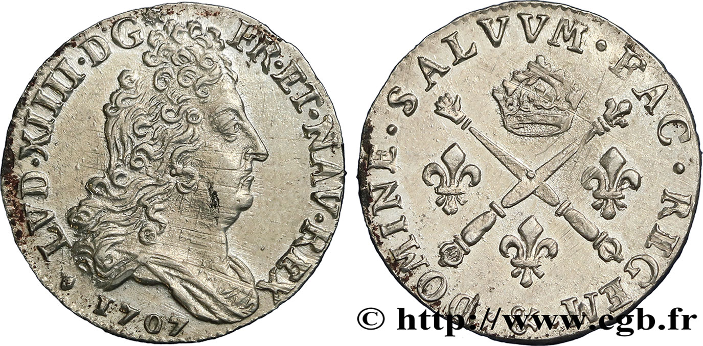 LOUIS XIV  THE SUN KING  10 sols aux insignes 1707 Aix-en-Provence EBC