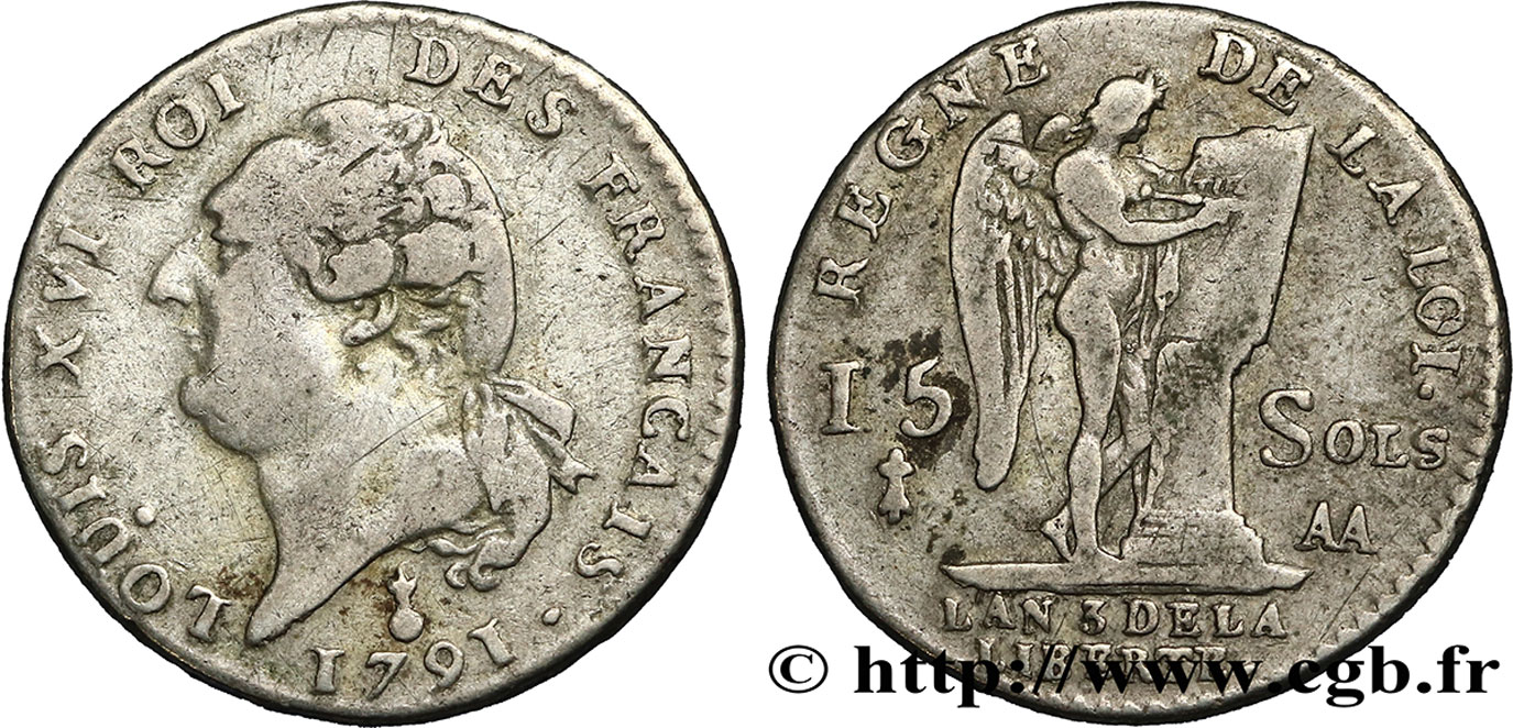 LOUIS XVI (MONARQUE CONSTITUTIONNEL)  15 sols dit  au génie , type FRANCAIS 1791 Metz TB+