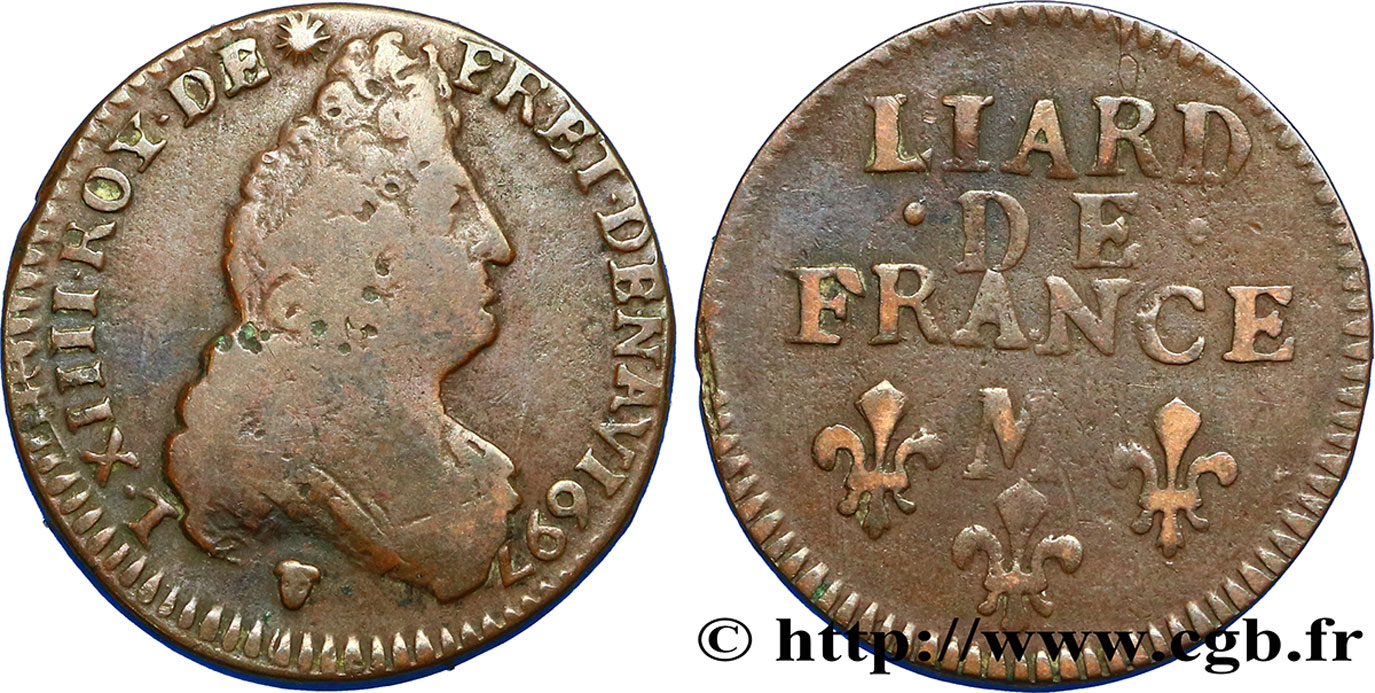 LOUIS XIV LE GRAND OU LE ROI SOLEIL Liard, 3e type, buste âgé 1697 Toulouse B+