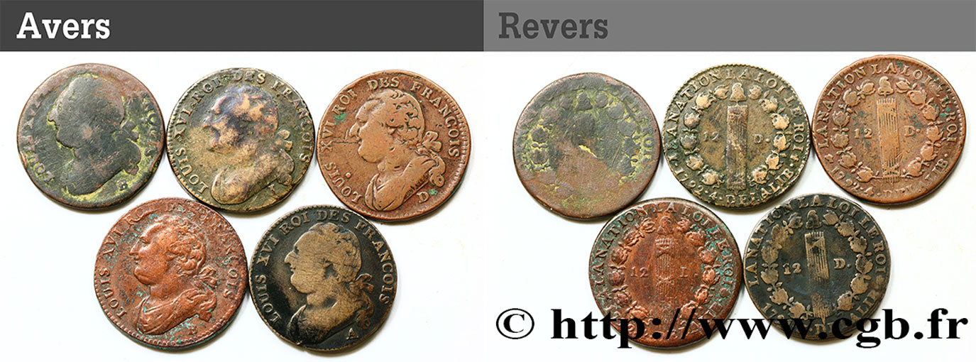 LOTTE Lot de cinq pièces de 12 deniers dit &nbsp;au faisceau&nbsp;, type FRANCOIS n.d. s.l. q.MB