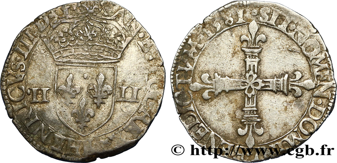 HENRI III Quart d écu, écu de face 1581 Tours TTB