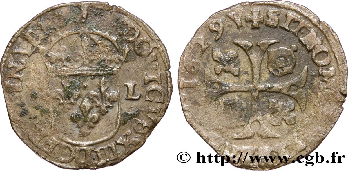 LOUIS XIII Douzain, à la croix cantonnée de deux lis et de deux couronnes (émission protestante) 1629 Nîmes VF