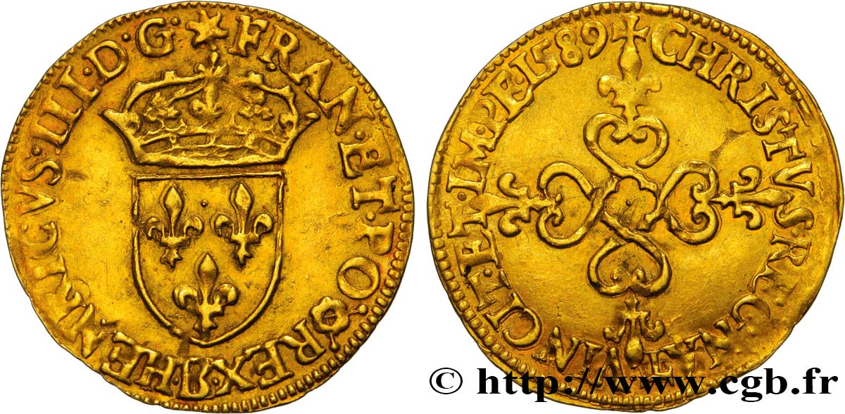 HENRY III Écu d or au soleil, 3e type 1589 Rouen MBC+
