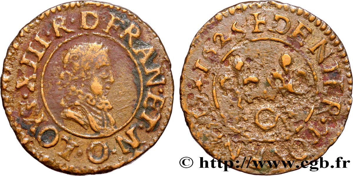 LOUIS XIII  Denier tournois, type 2 de Riom (col fraisé) 1625 Riom BC+/BC