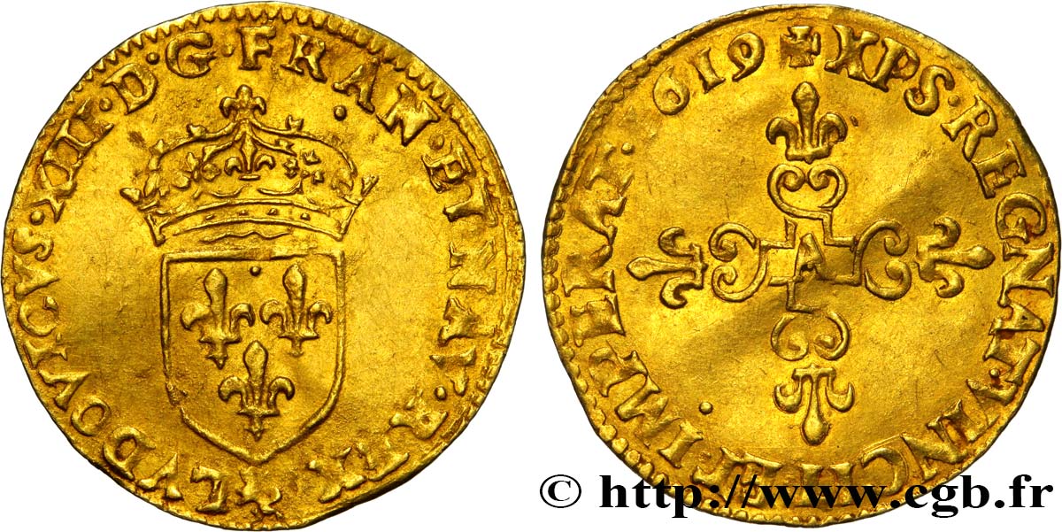 LOUIS XIII LE JUSTE Demi-écu d or au soleil, à la croix anillée fleurdelisée 1619 Paris TTB+/TTB