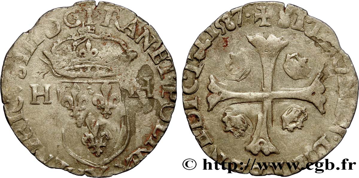HENRY III Douzain aux deux H, 1er type 1587 Amiens q.BB