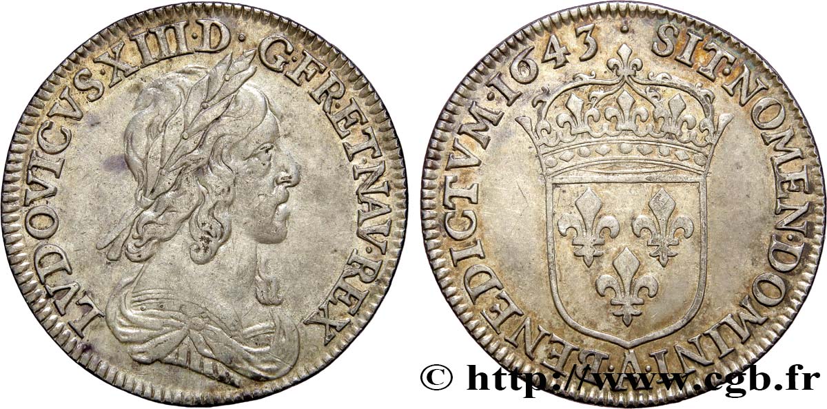 LOUIS XIII LE JUSTE Quart d écu d argent, 3e type, 2e poinçon de Warin 1643 Paris, Monnaie du Louvre TTB+