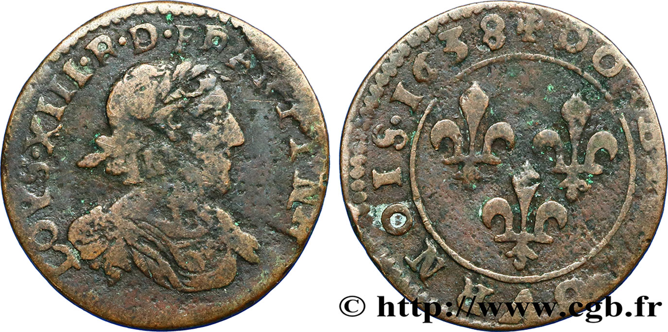 LOUIS XIII LE JUSTE Double tournois au grand buste viril drapé 1638 Vallée du Rhône TB