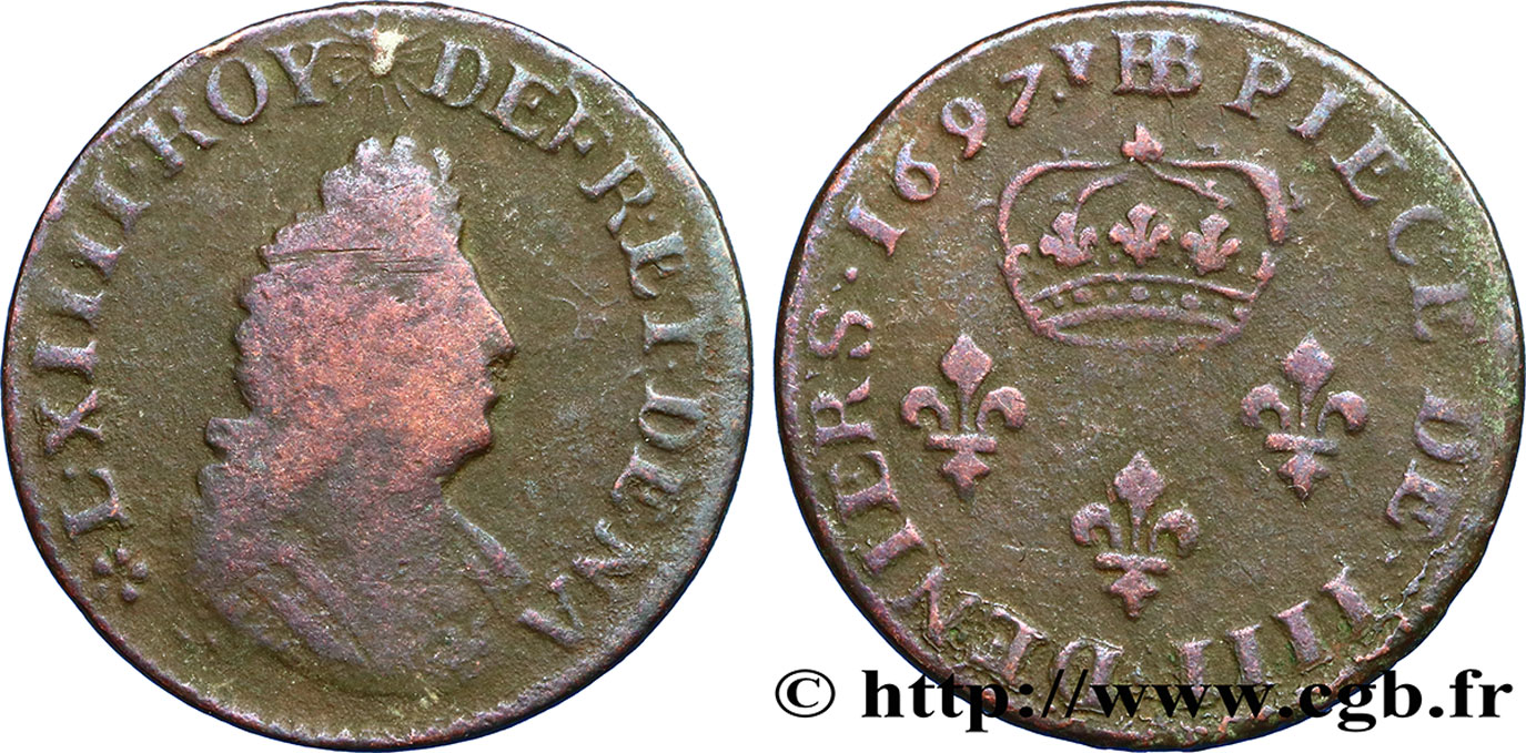 LOUIS XIV LE GRAND OU LE ROI SOLEIL IIII deniers 1697 Strasbourg B+/TB