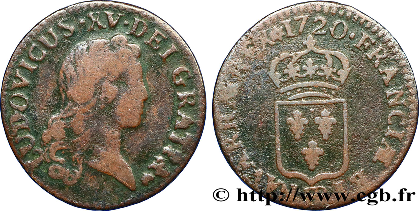 LOUIS XV DIT LE BIEN AIMÉ Liard au buste enfantin 1720 Strasbourg TB