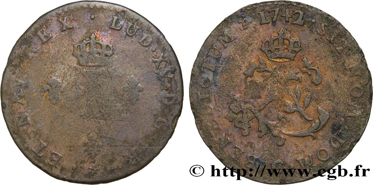 LOUIS XV  THE WELL-BELOVED  Double sol de billon 1742 Caen RC+/BC