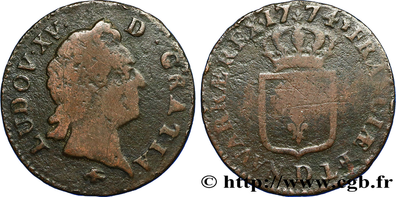 LOUIS XV DIT LE BIEN AIMÉ Sol dit &nbsp;à la vieille tête&nbsp; 1774 Lyon TB